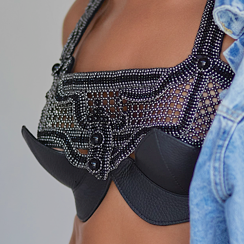 woman in blue outfit wearing Khutulun Modular Top in Jetblack by Object&Dawn