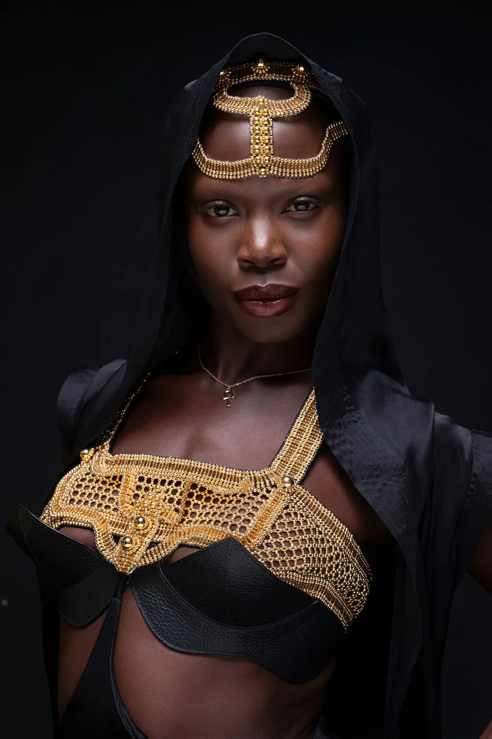 ghost image of gold modular beaded khutulun top with premium leather in white background by object and dawn