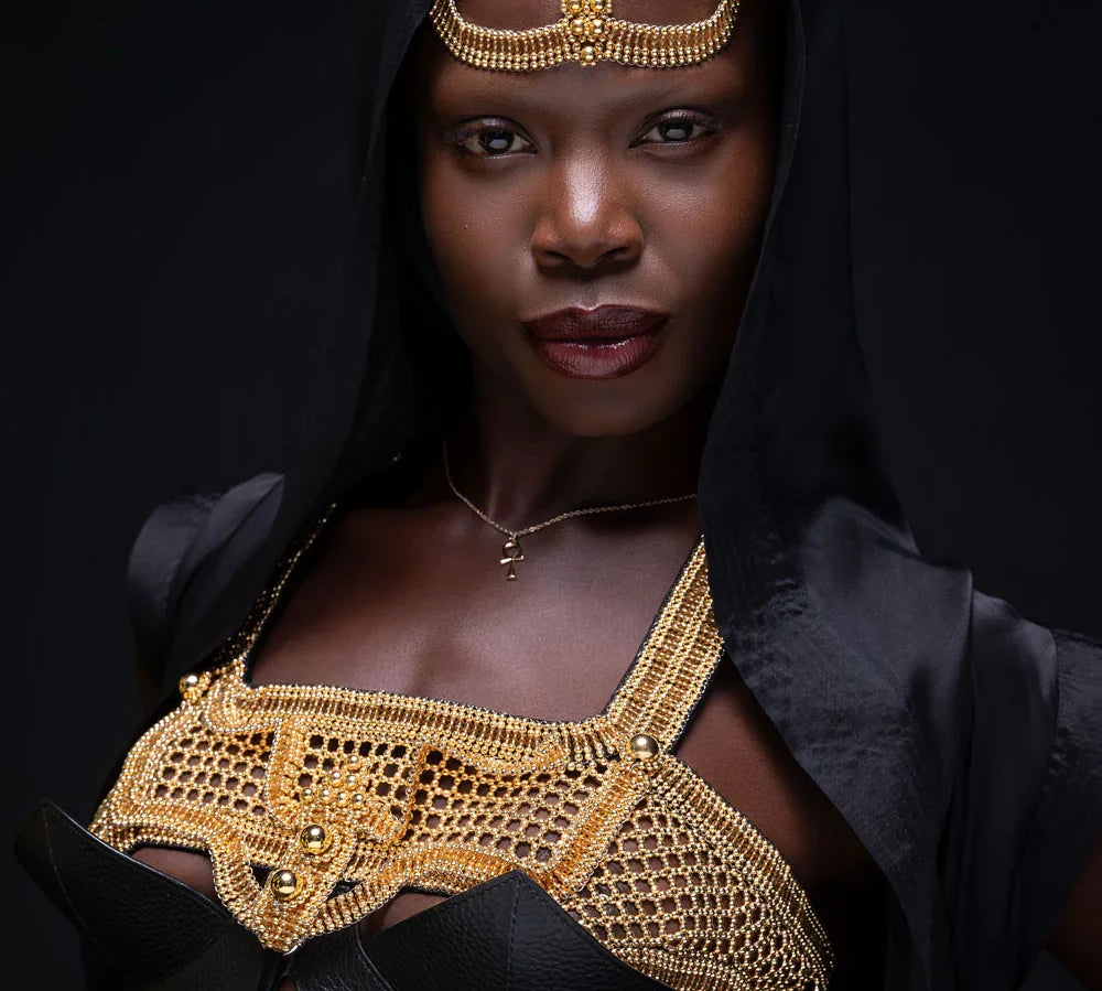 ghost image of gold modular beaded khutulun top with premium leather in white background by object and dawn
