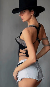 beaded modular khutulun top with leather bra in silver with spiral cuff by object and dawn