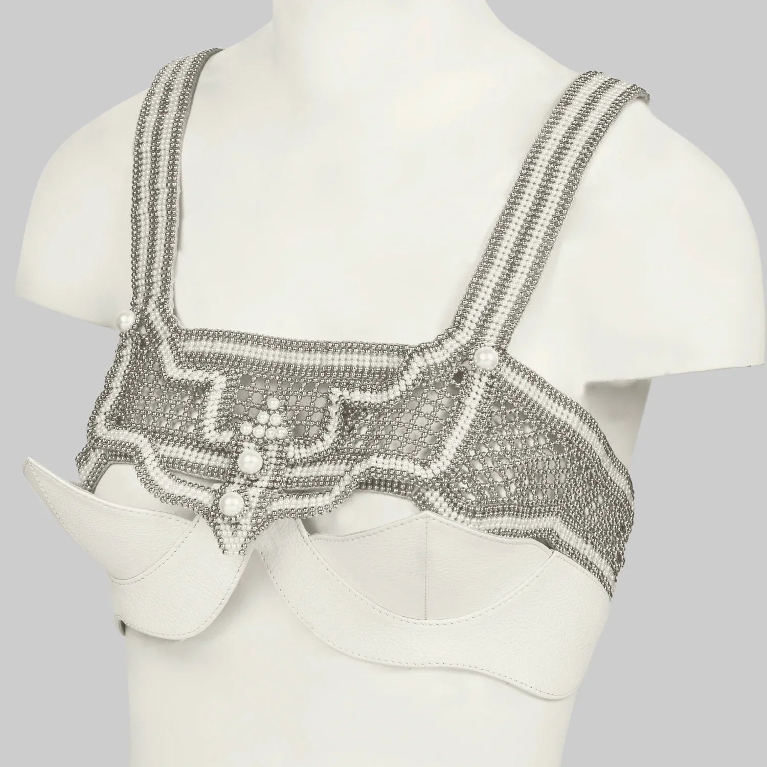 Object&Dawn Beaded modular top pearl on mannequin ghost image diagonal view