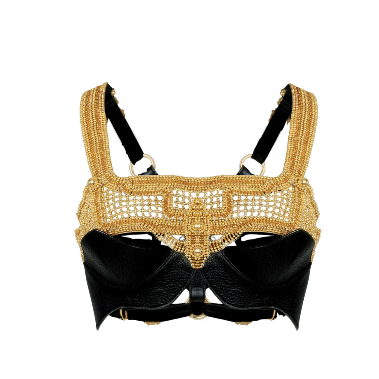 ghost image of gold modular beaded khutulun top with premium leather in white background by object and dawn