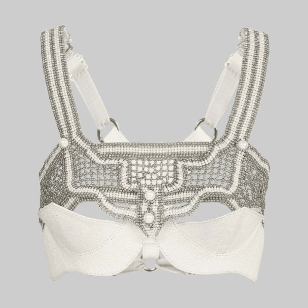 handcrafted beaded bridal modular top with leather bra ghost image from object and dawn front view
