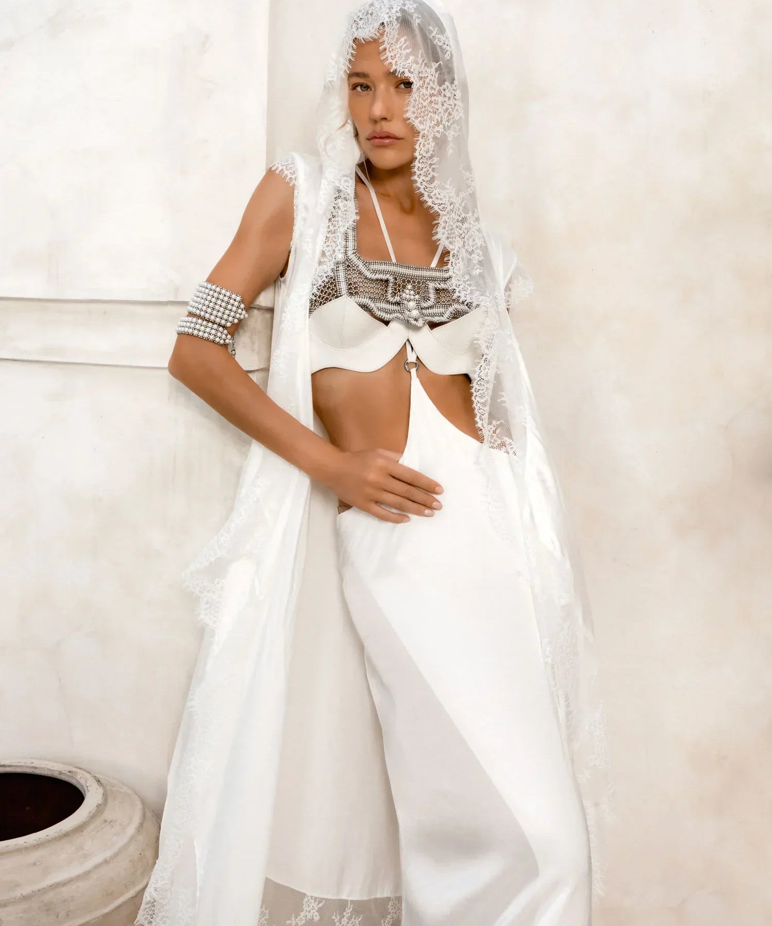 bridal union by object and dawn modular beaded top with tamoe silk harness skirt and pearl cuffs