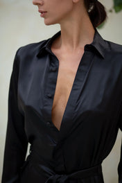 Anais Long Sleeve Silk Shirt Dress in Black