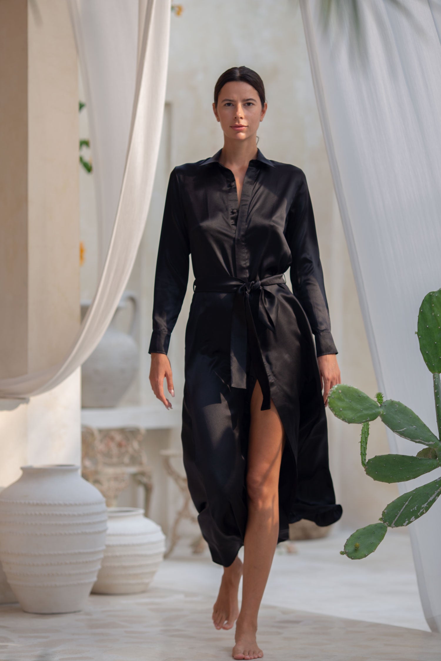 Anais Long Sleeve Silk Shirt Dress, Black