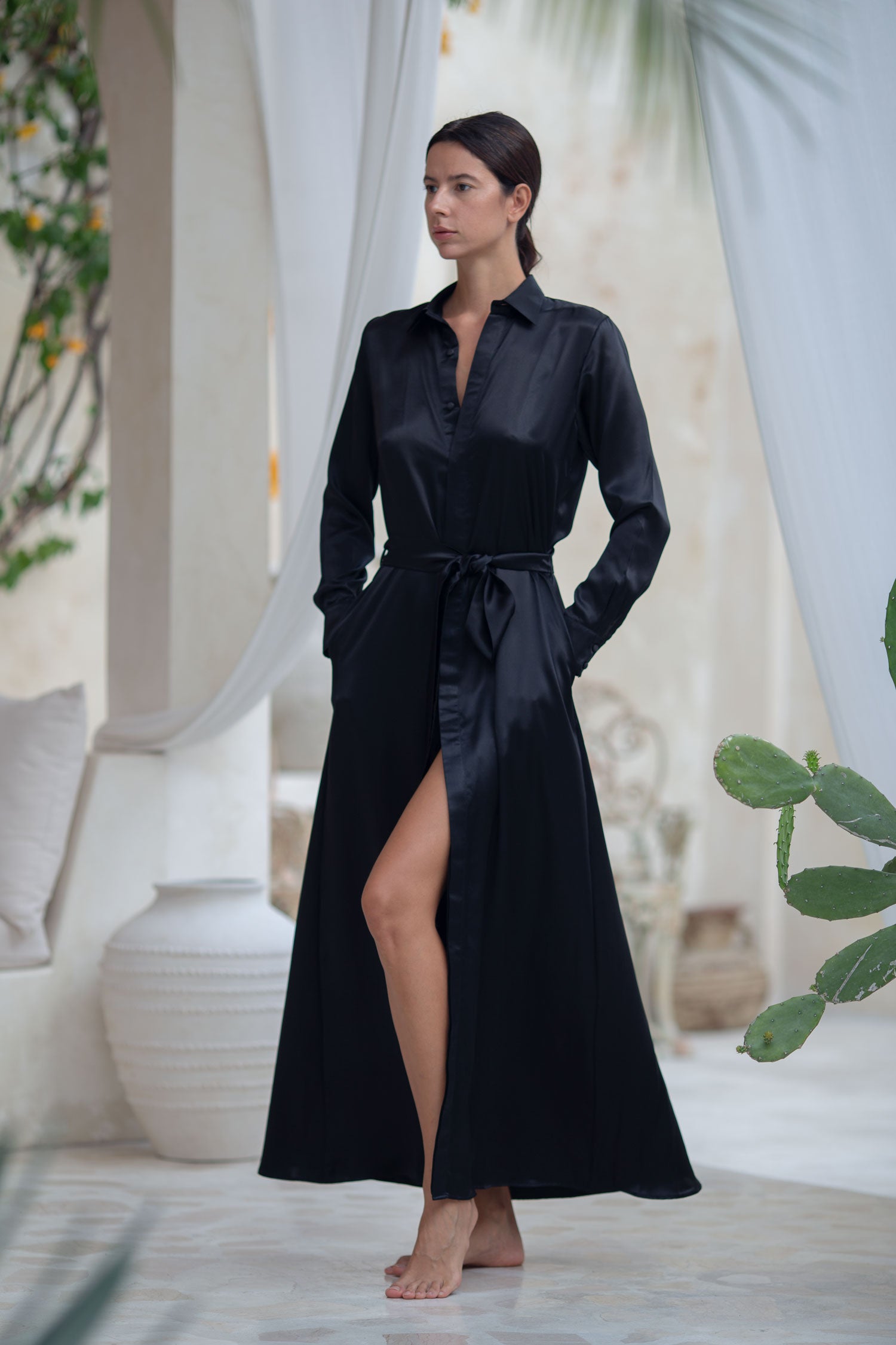 Anais Long Sleeve Silk Shirt Dress in Black