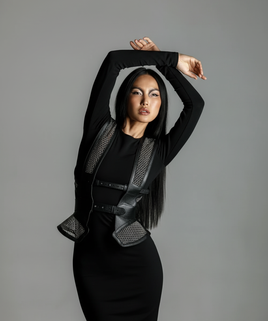 Woman wearing a black outfit with Lister Beaded Bodice and Girdle by Object & Dawn against a gray background