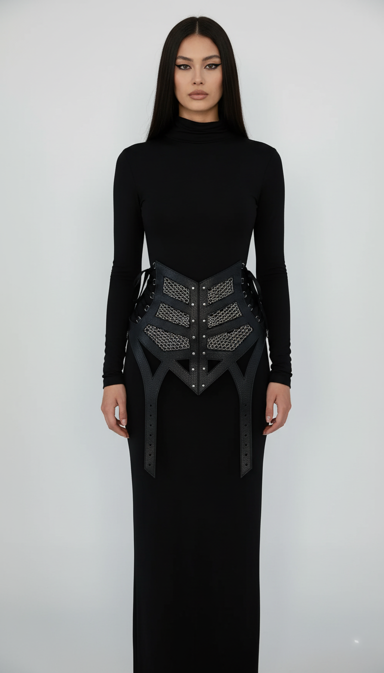 Woman wearing a black outfit with Lister Beaded Girdle by Object &amp; Dawn against a white background