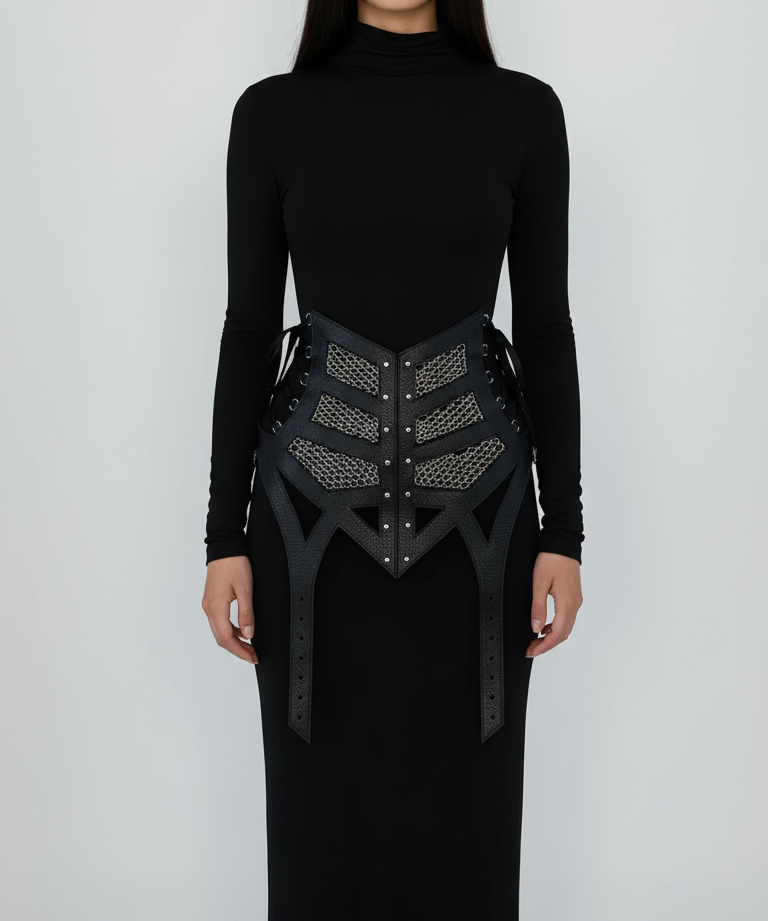 Woman wearing a black outfit with Lister Beaded Girdle by Object & Dawn against a white background