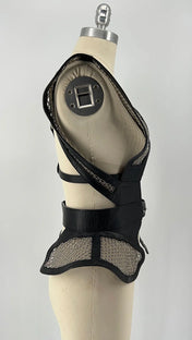 Black beaded mesh and leather top on a mannequin diagonal back view