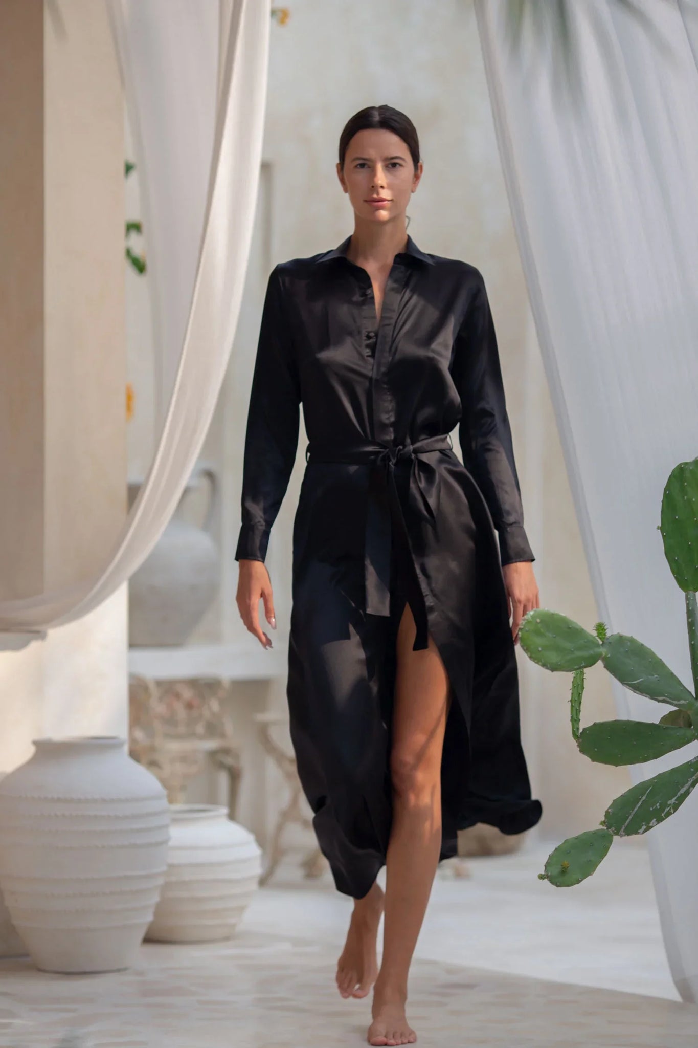 Anais Long Sleeve Silk Shirt Dress in Black XS/S