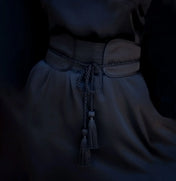 object and dawn close up of woman wear Mineko Long Silk Kimono with obi belt black