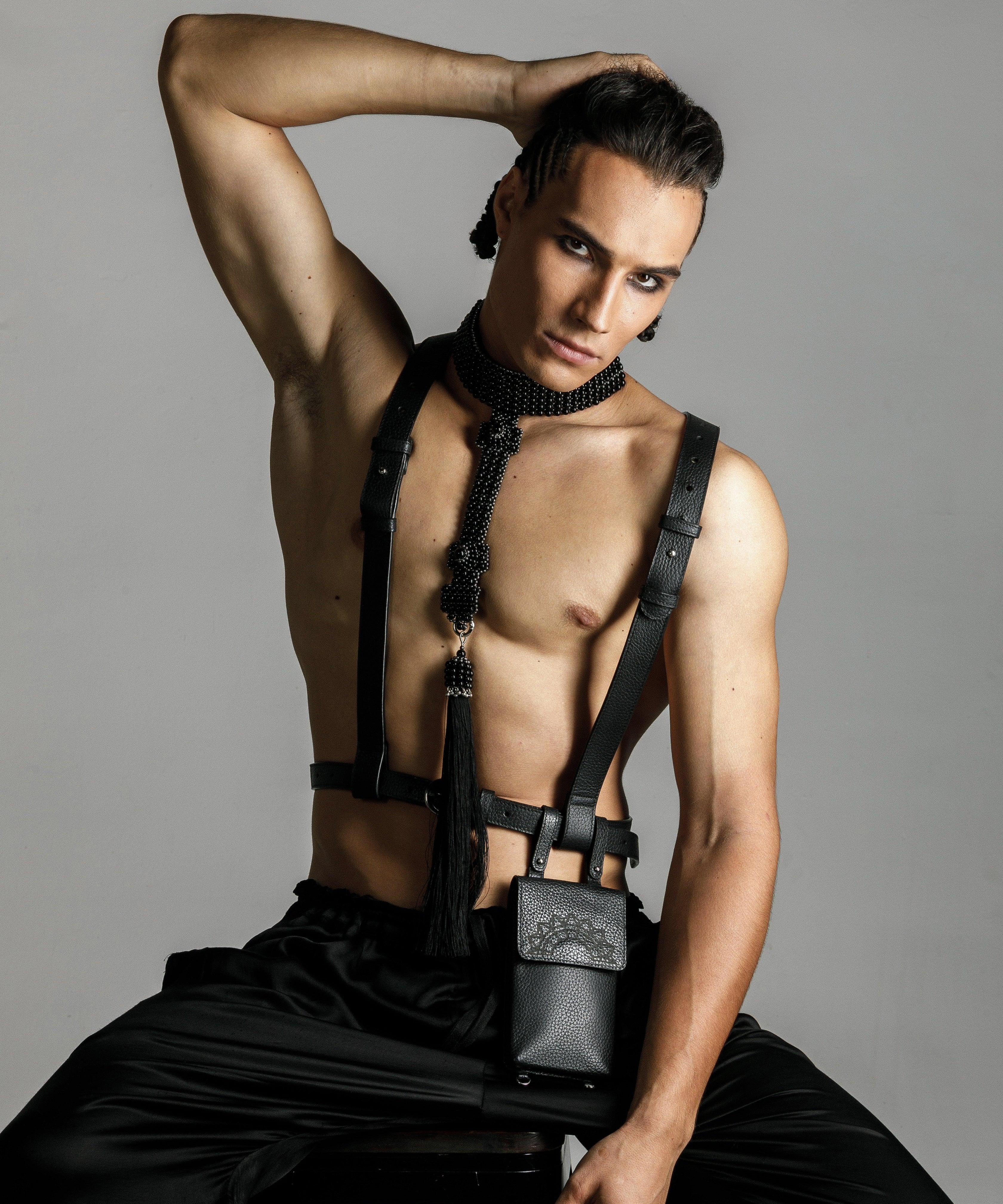 mens collection by object and dawn handcrafted beaded t-choker and zheng leather harness with iphone bag