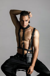 mens collection by object and dawn handcrafted beaded t-choker and zheng leather harness with iphone bag