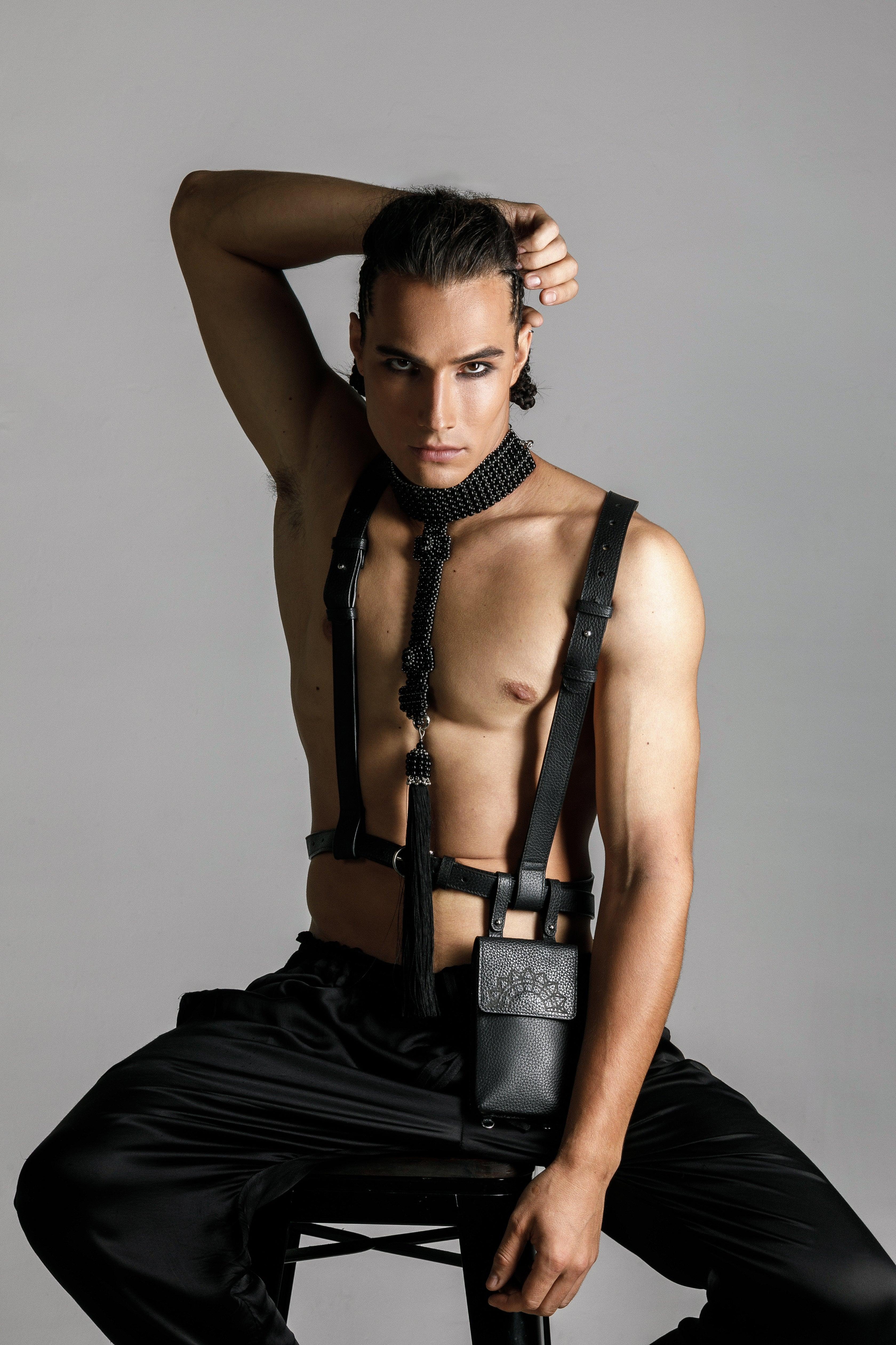 mens collection by object and dawn handcrafted beaded t-choker and zheng leather harness with iphone bag