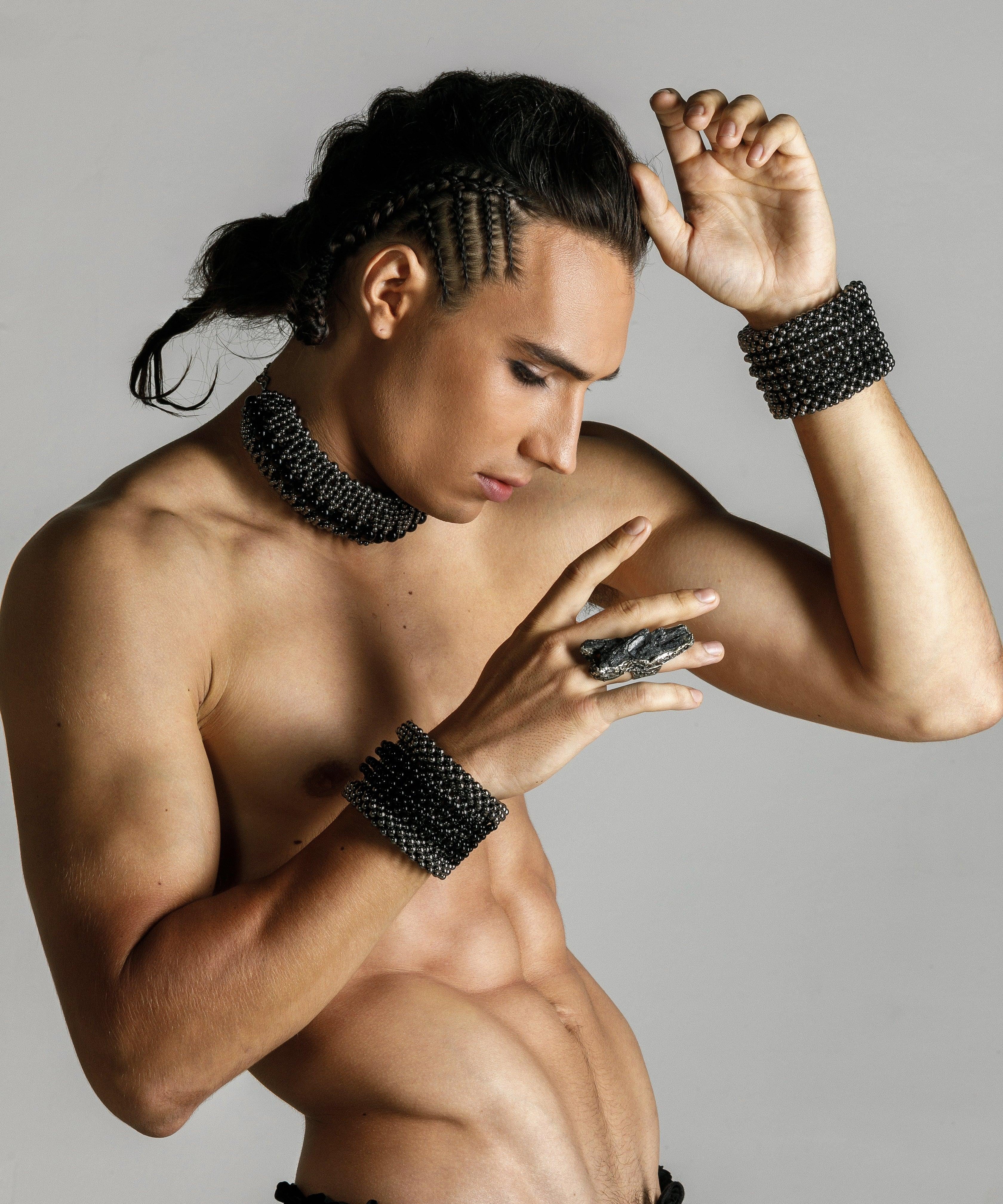 men wears handcrafted helios optical 4d choker by object and dawn