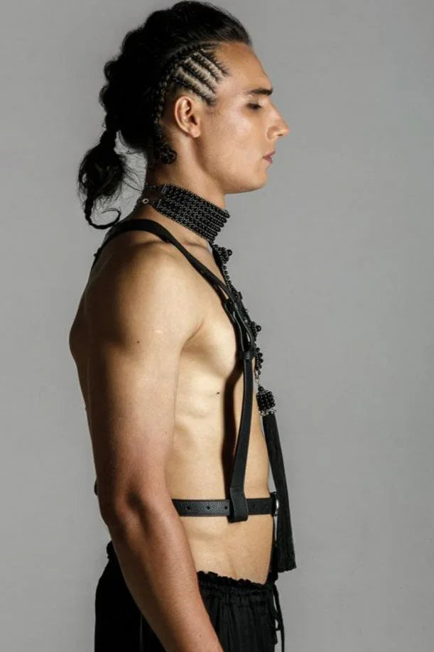 mens collection by object and dawn handcrafted beaded t-choker and zheng leather harness with iphone bag side view