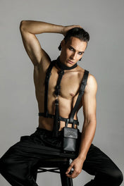 mens with best seller modular beaded t-choker in jet black by object and dawn front view