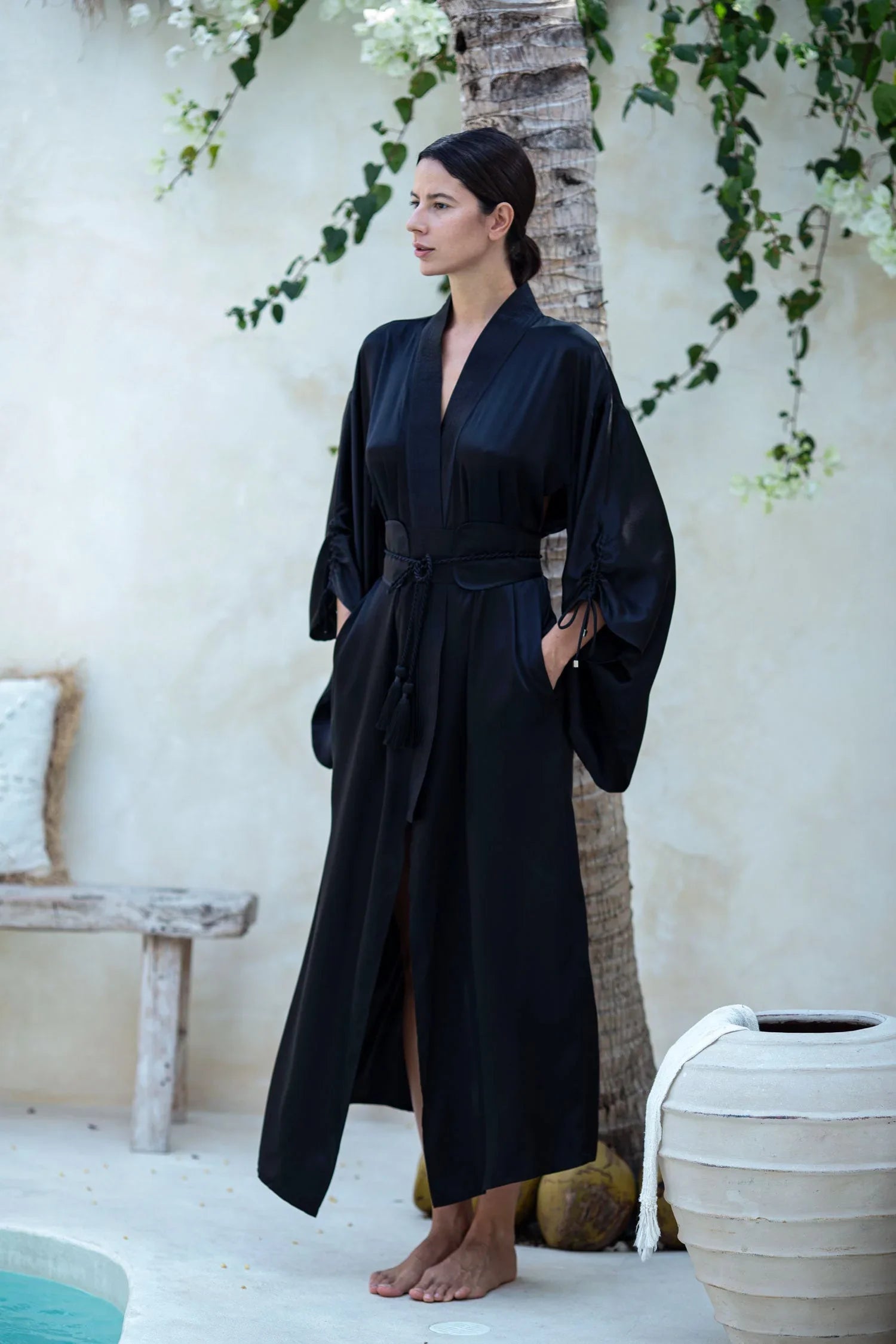 woman with 100% premium silk mineko long silk kimono with obi belt by object and dawn diagonal view