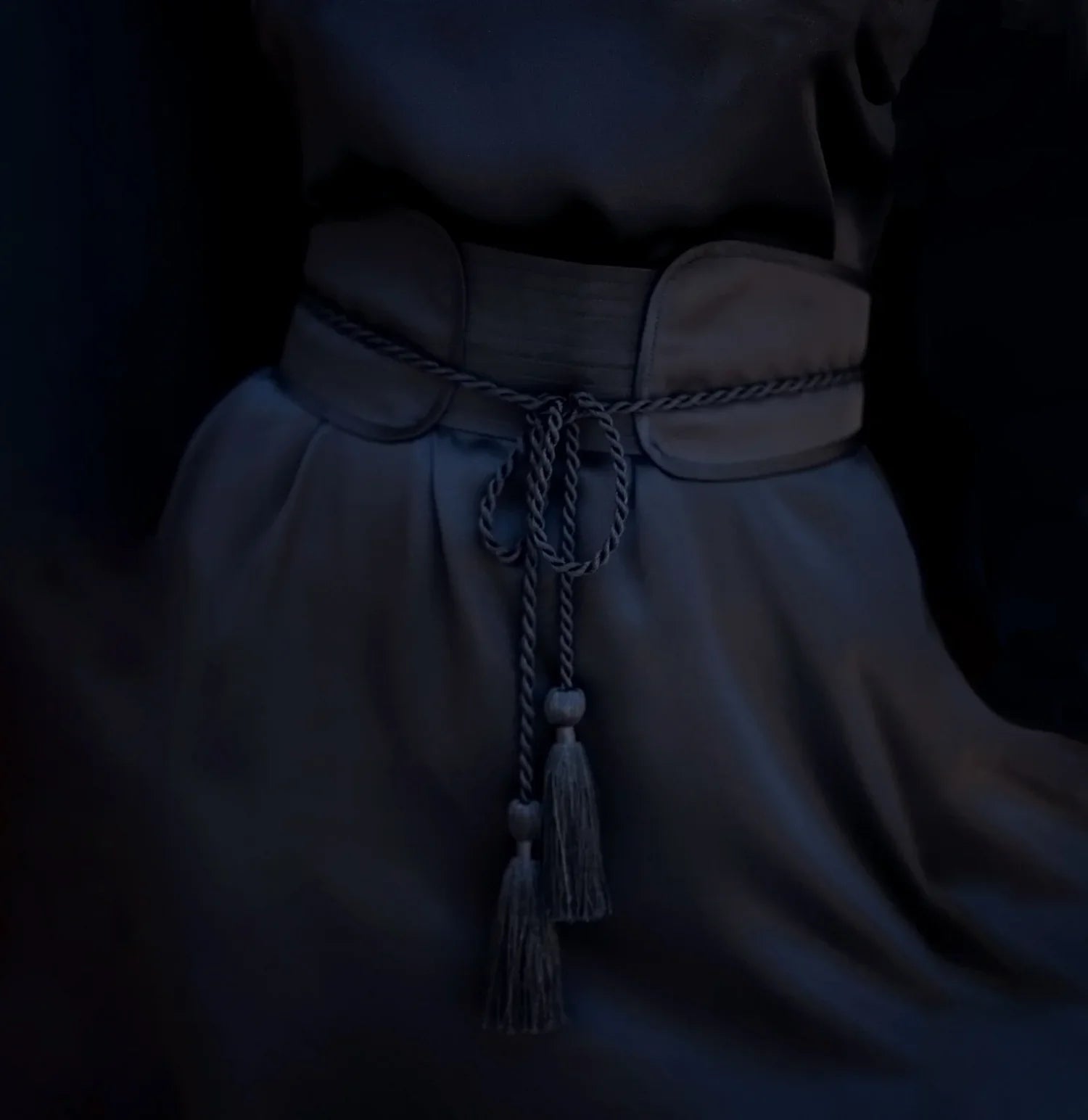 object and dawn close up of woman wear Mineko Long Silk Kimono with obi belt black