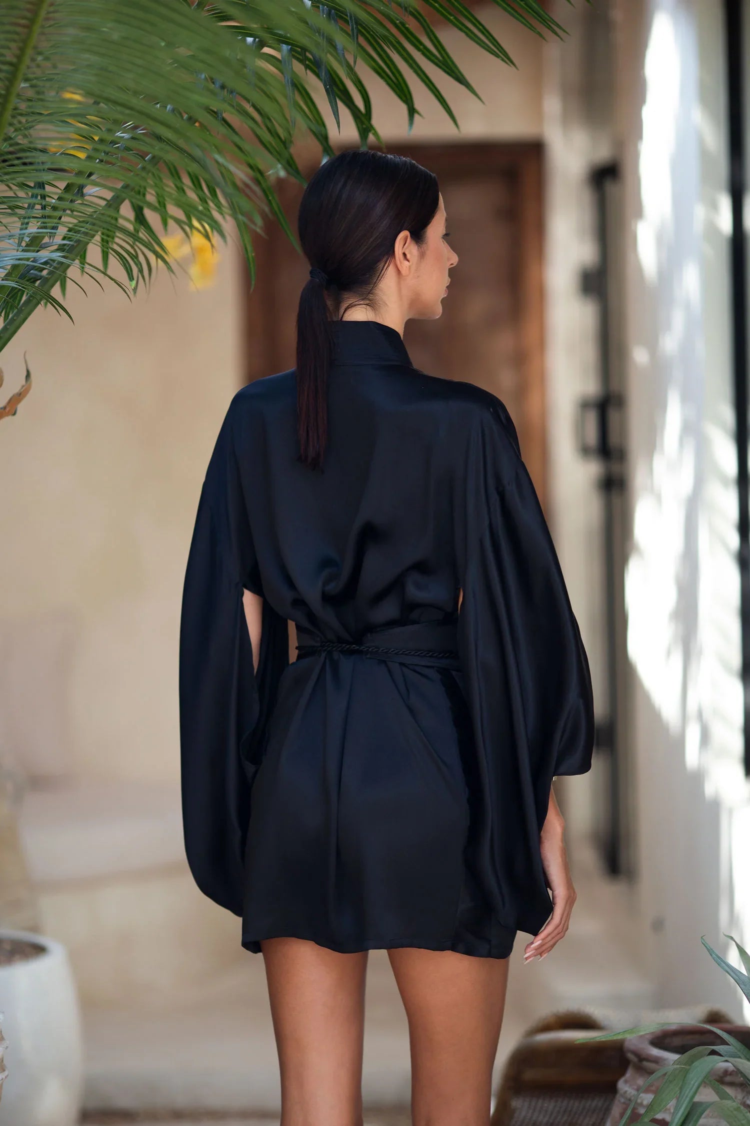 short kimono dress Mineko Silk with Obi Belt- 2 Colors CUSTOM SIZE / White Garvee Grey 7 Drawer Back option:Lace-up Back sky blue tied waist come together