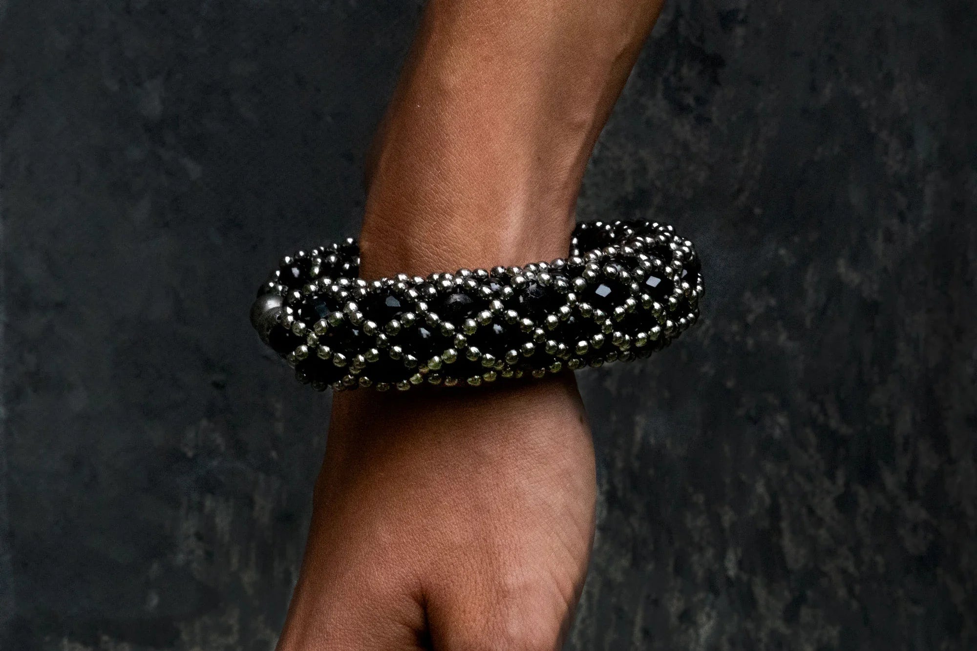 beaded nyx supple cuff in jetblack by object and dawn close up