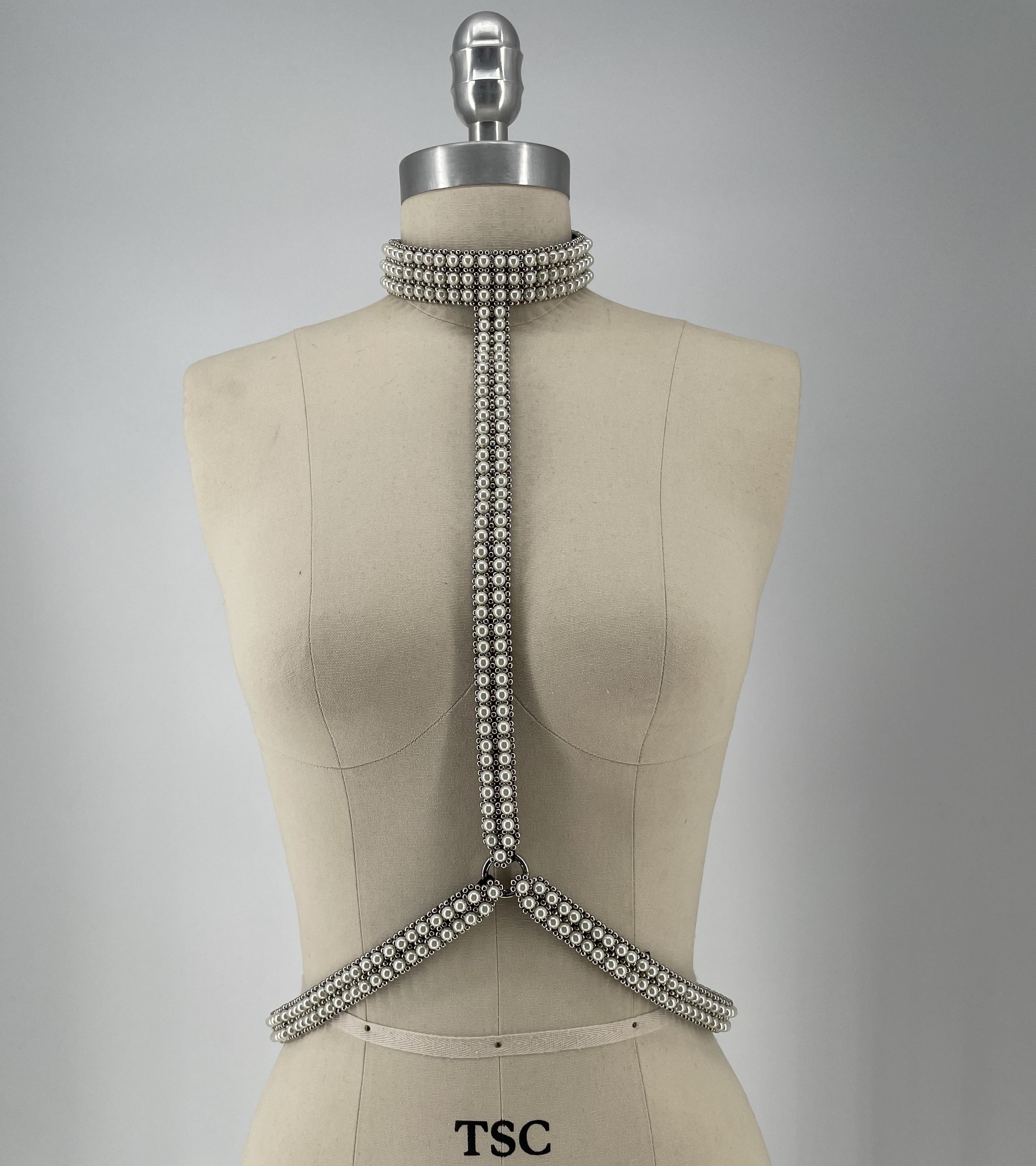 Object & Dawn t-choker harness, modular beaded harness-choker accessory, ghost image- front look