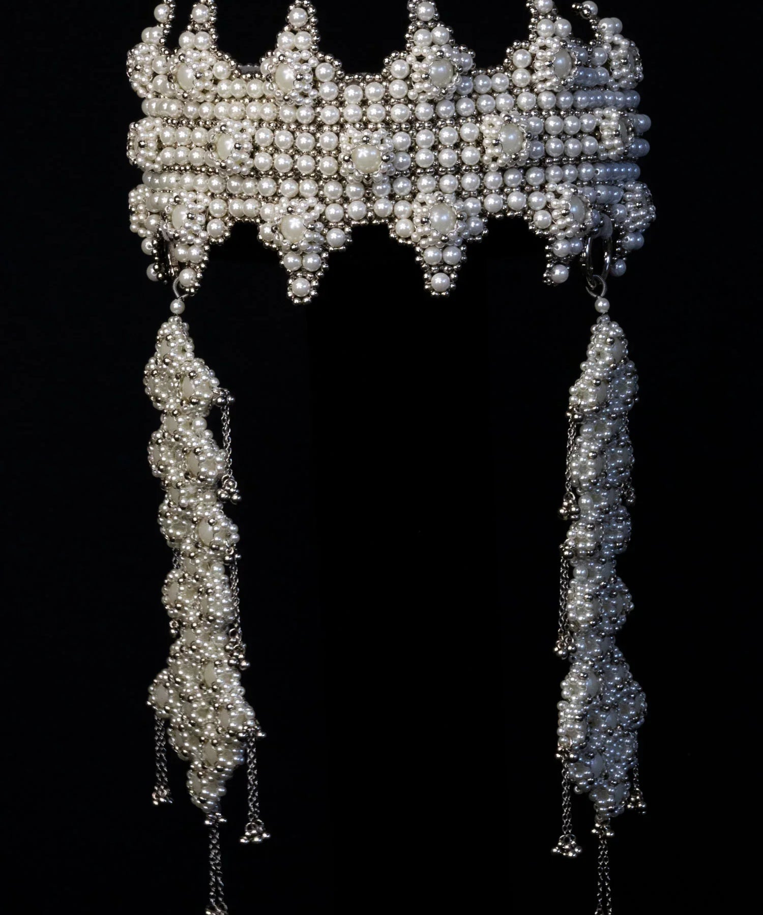 Modular Sappho Crown with Cluster meallions in pearl by Object and Dawn ghost image front view
