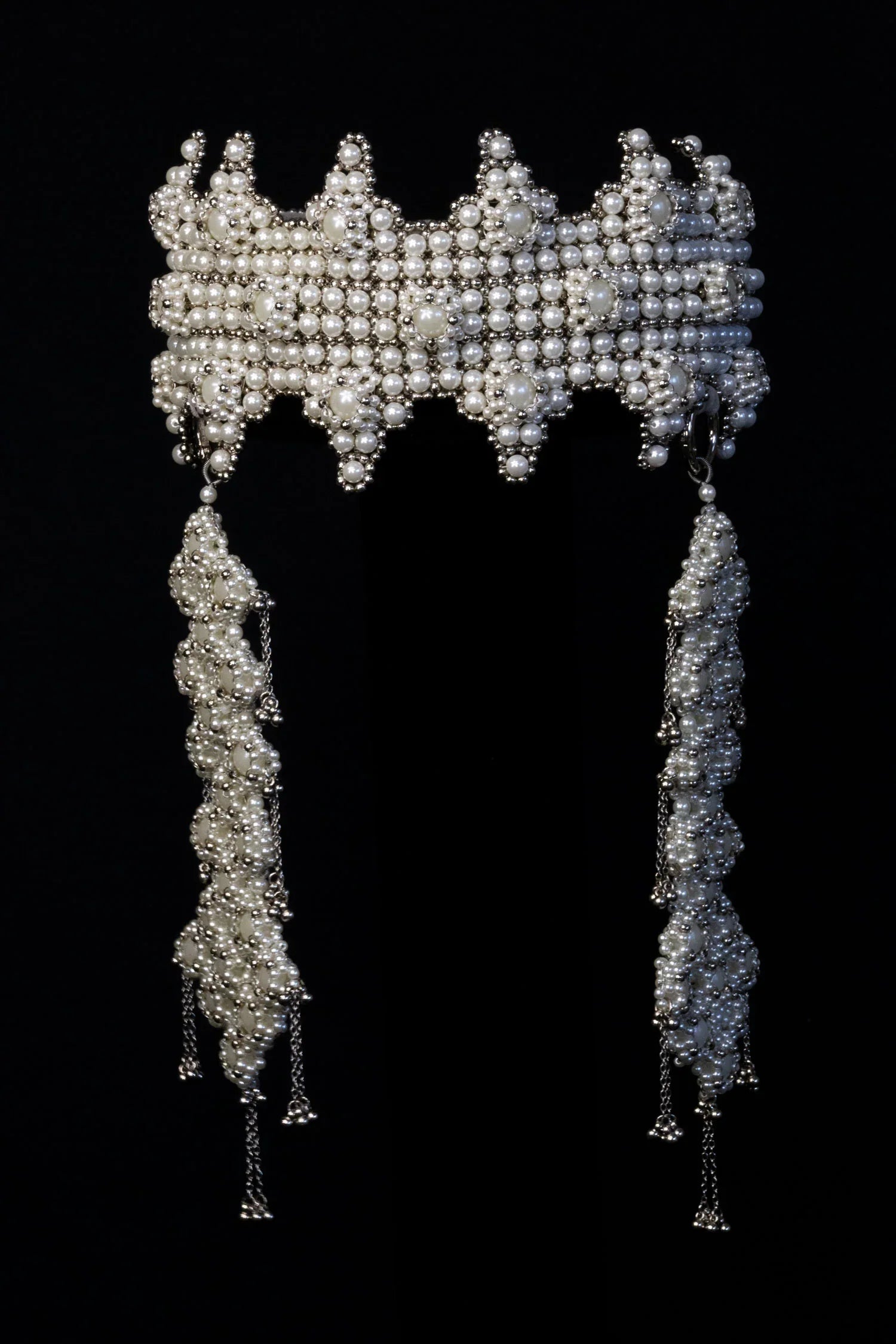Modular Sappho Crown with Cluster meallions in pearl by Object and Dawn ghost image front view