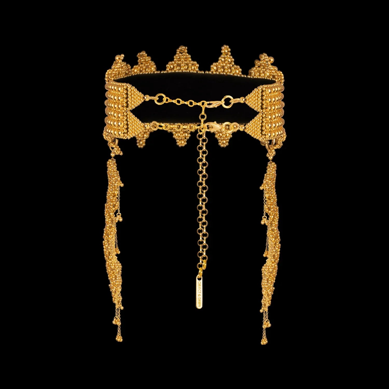 Beaded modular crown with clusters in gold by object and dawn ghost image, back view