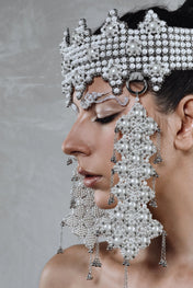 worn side view of handcrafted modular crown from systethic japanese and silver beads by object and dawn