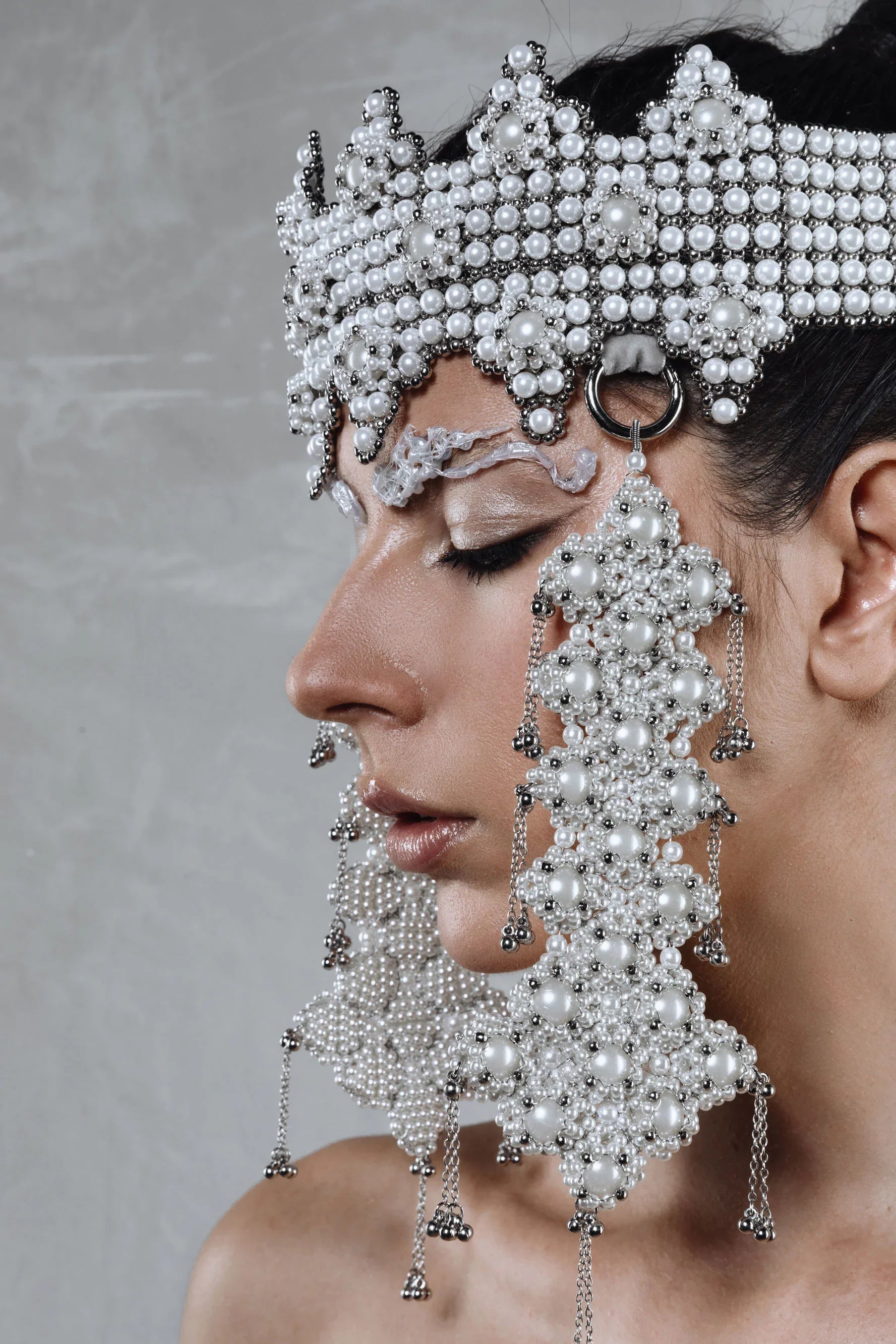 worn side view of handcrafted modular crown from systethic japanese and silver beads by object and dawn