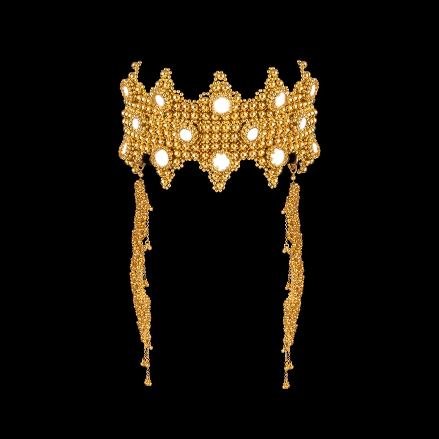 Beaded modular crown with clusters in gold by object and dawn ghost image, front view