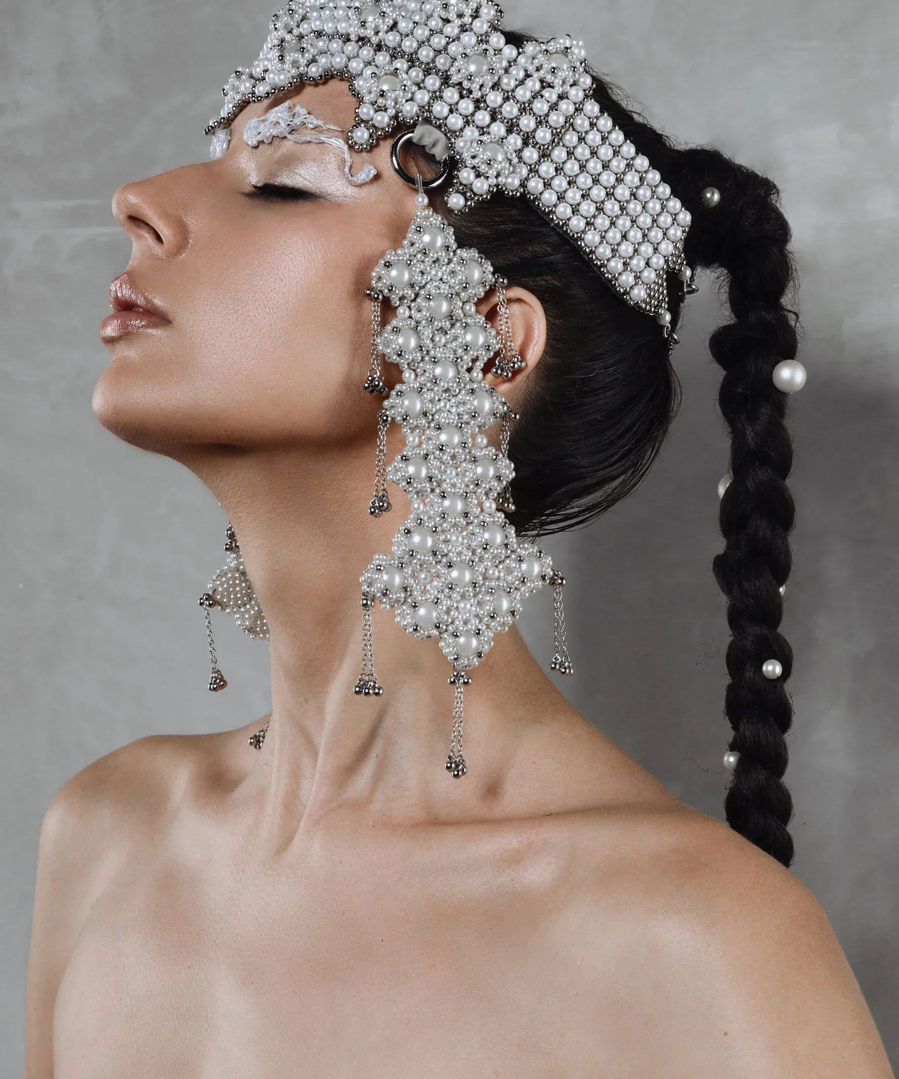 worn side view of handcrafted modular crown from systethic japanese and silver beads by object and dawn