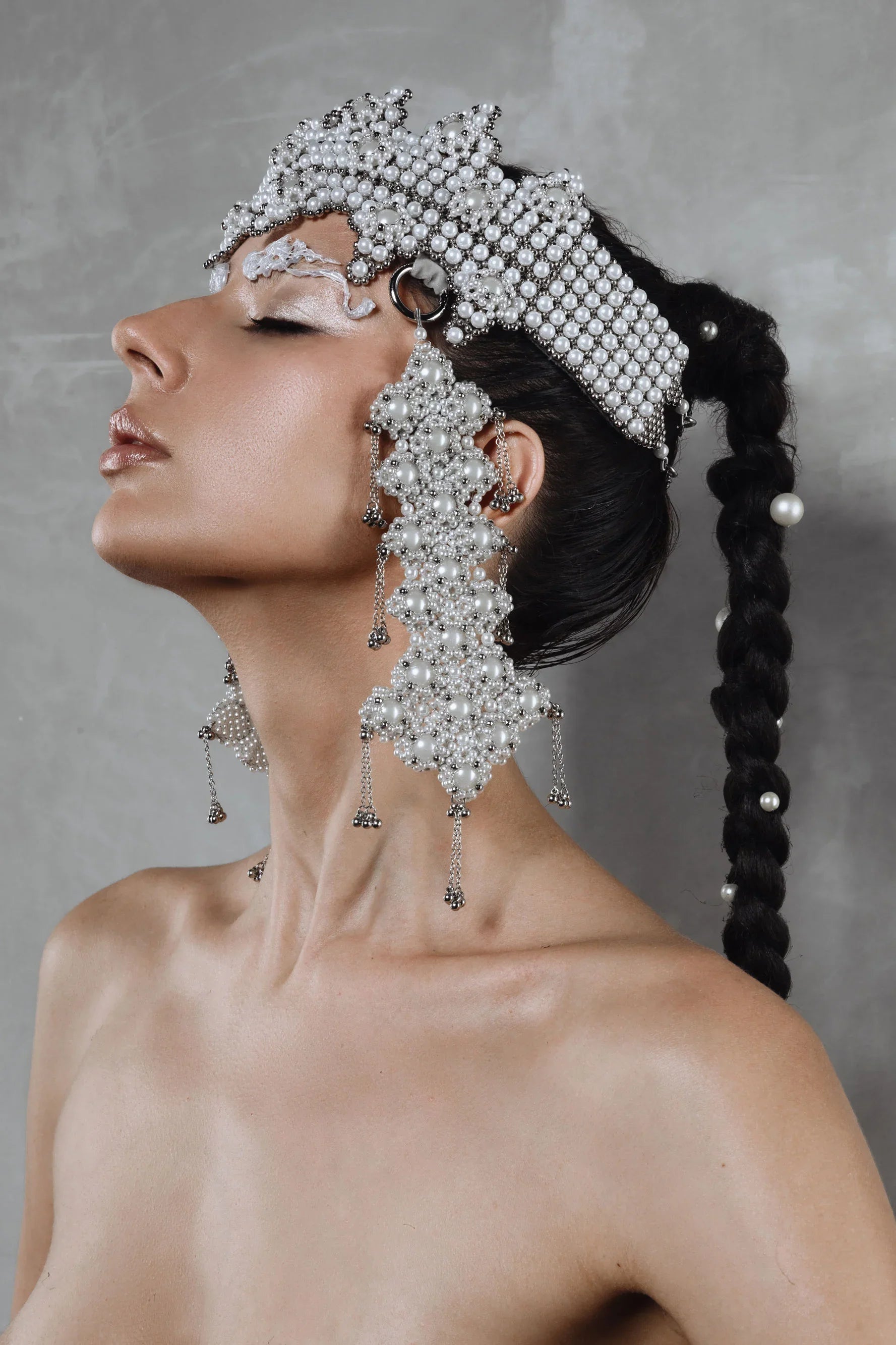 worn side view of handcrafted modular crown from systethic japanese and silver beads by object and dawn