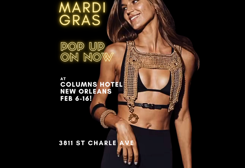 Promotional image for Mardi Gras event at Columns Hotel, featuring a woman in festive attire.