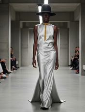 Woman wearing a white dress with a wide-brimmed hat on a runway wearing Signature Slim T-Choker Gold by Object & Dawn.