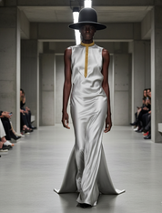 Woman wearing a white dress with a wide-brimmed hat on a runway wearing Signature Slim T-Choker Gold by Object & Dawn.