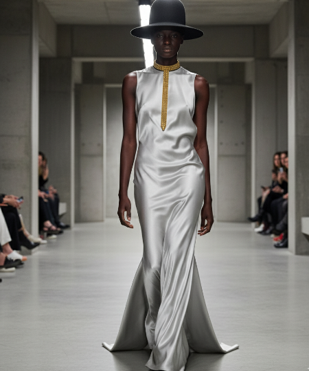 Woman wearing a white dress with a wide-brimmed hat on a runway wearing Signature Slim T-Choker Gold by Object & Dawn.