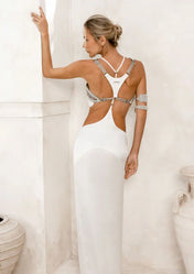 premium white silk Tamoe Harness skirt with beaded khutulun top pearl worn by model for modern bridal from Object & Dawn