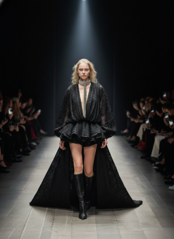 Model walking on a runway wearing a black outfit with a long coat and Signature Slim T-Choker silver by Object & Dawn.