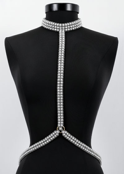 T-Choker Harness Silver by Object & Dawn on a black mannequin against a white background