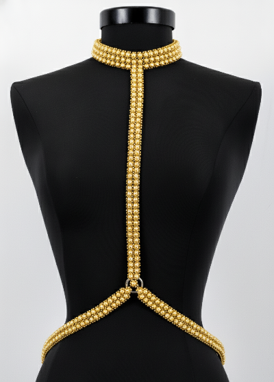 T-Choker Harness Gold by Object & Dawn on a black mannequin against a white background