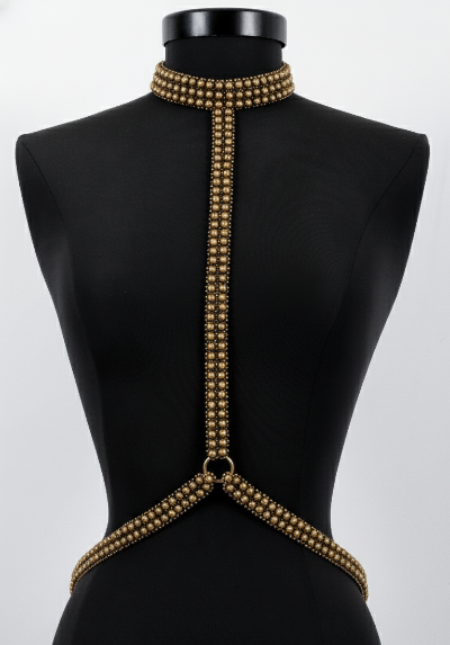 T-Choker Harness Antique Gold by Object & Dawn on a black mannequin against a white background