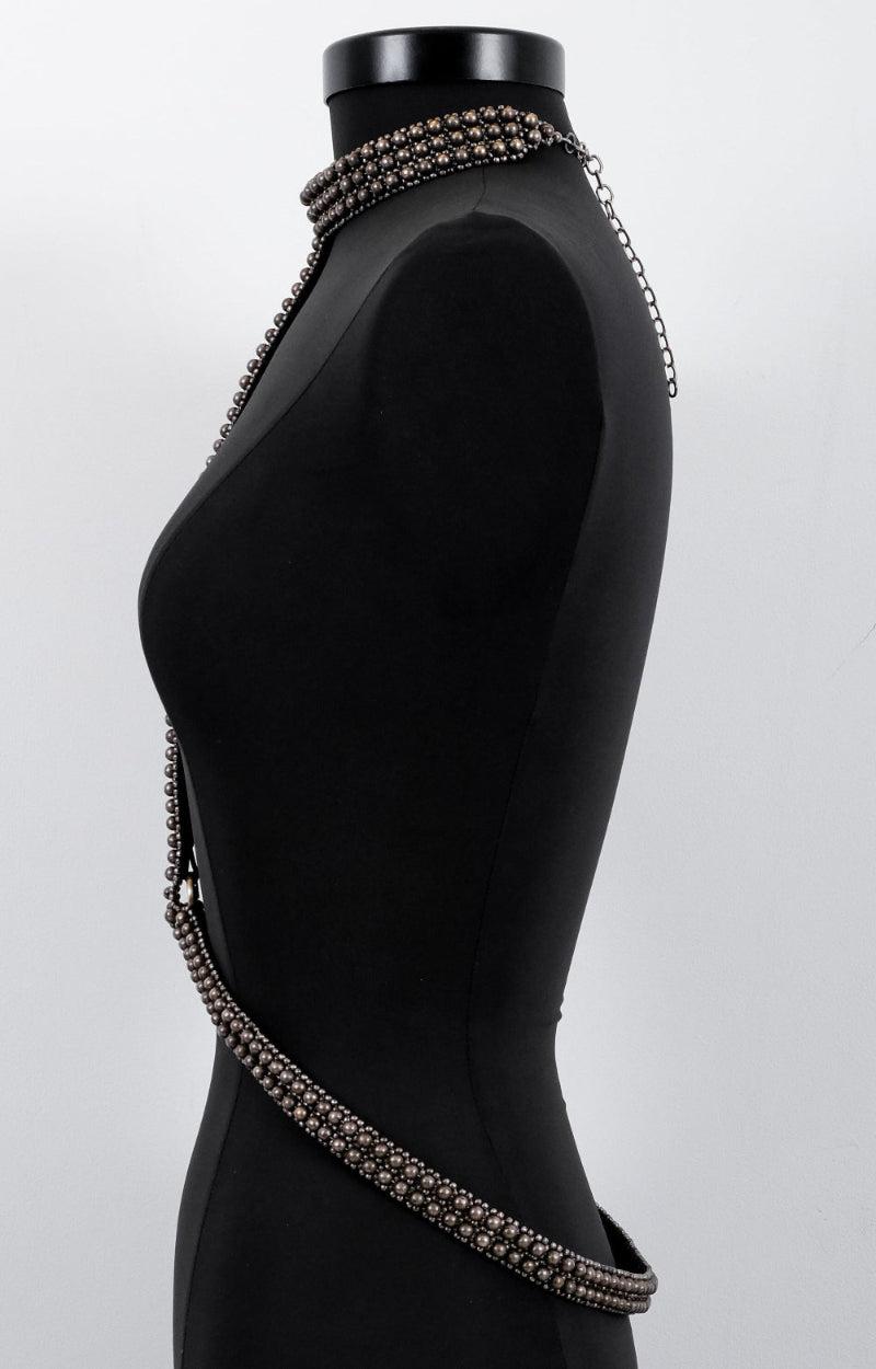 T-Choker Harness Antique Silver left side side by Object & Dawn  on a mannequin against a white background