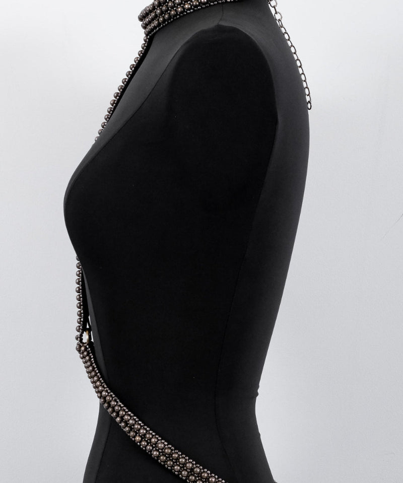 T-Choker Harness Antique Silver left side side by Object & Dawn  on a mannequin against a white background