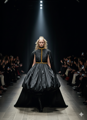 Woman wearing a dark, elegant gown with Slim T-Choker gold by Object & Dawn on a runway.