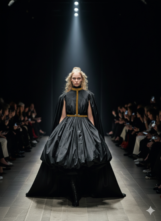 Woman wearing a dark, elegant gown with Slim T-Choker gold by Object & Dawn on a runway.