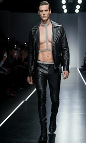 Model walking on a runway wearing a black leather outfit with T-Choker Harness Necklace by Object & Dawn.
